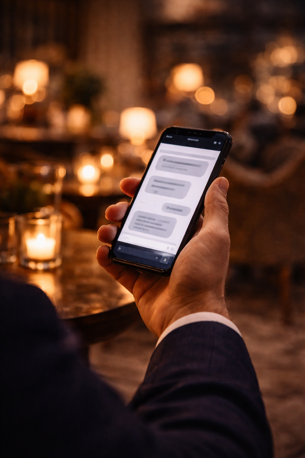 Hand holding a smartphone with blurred chat, discreet modern mood